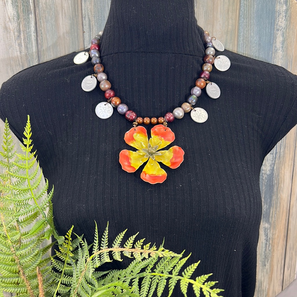 Adorned Crown Artisan Assemblage Tahitian Pearl Coins Enamel Flower Necklace 52$